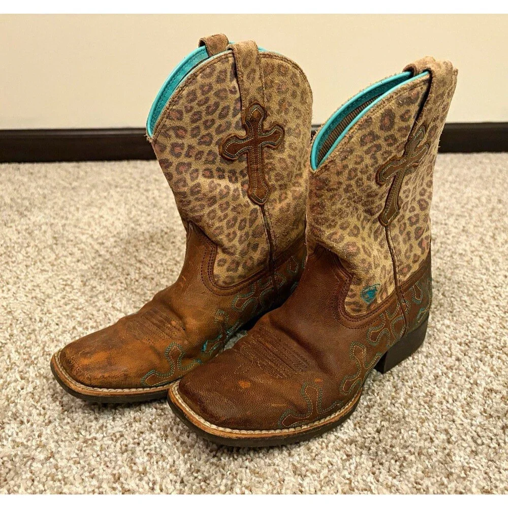 Ariat Kids Western Leopard Print Leather Boots Brown/Turquoise US 2 M